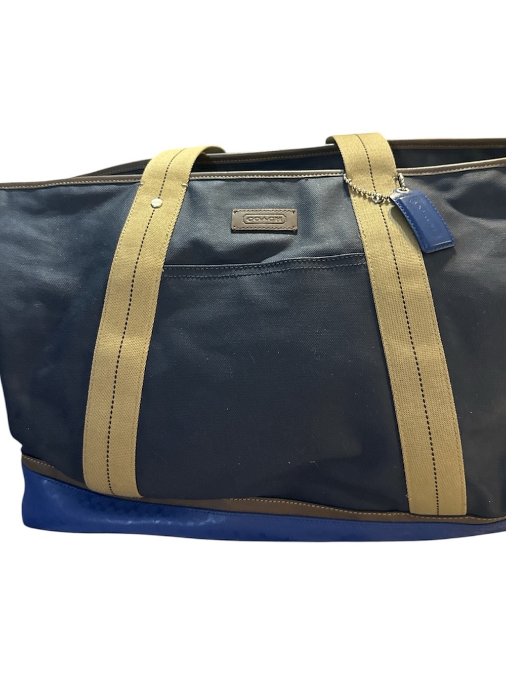 Coach heritage weekender canvas blue bag with tan straps blue signature bottom